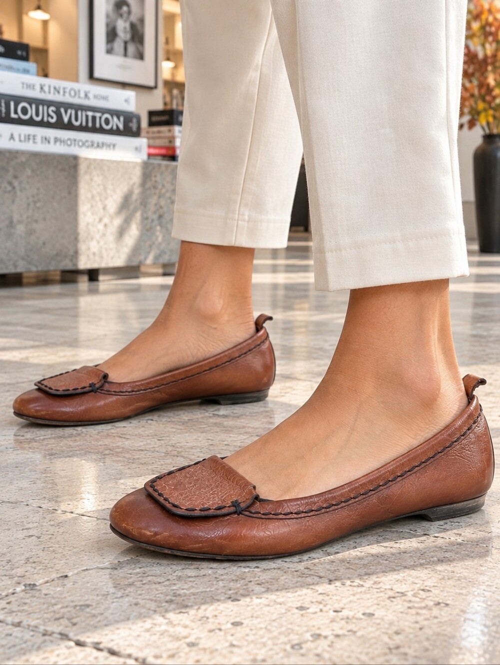 Chloรฉ Cognac Brown Leather Whipstitch Ballet Loafer Flats